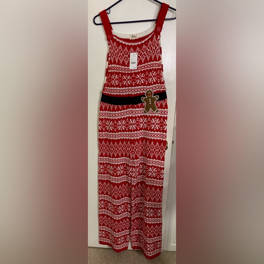Festive Red Knit Jumpsuit with Gingerbread Design. Size medium